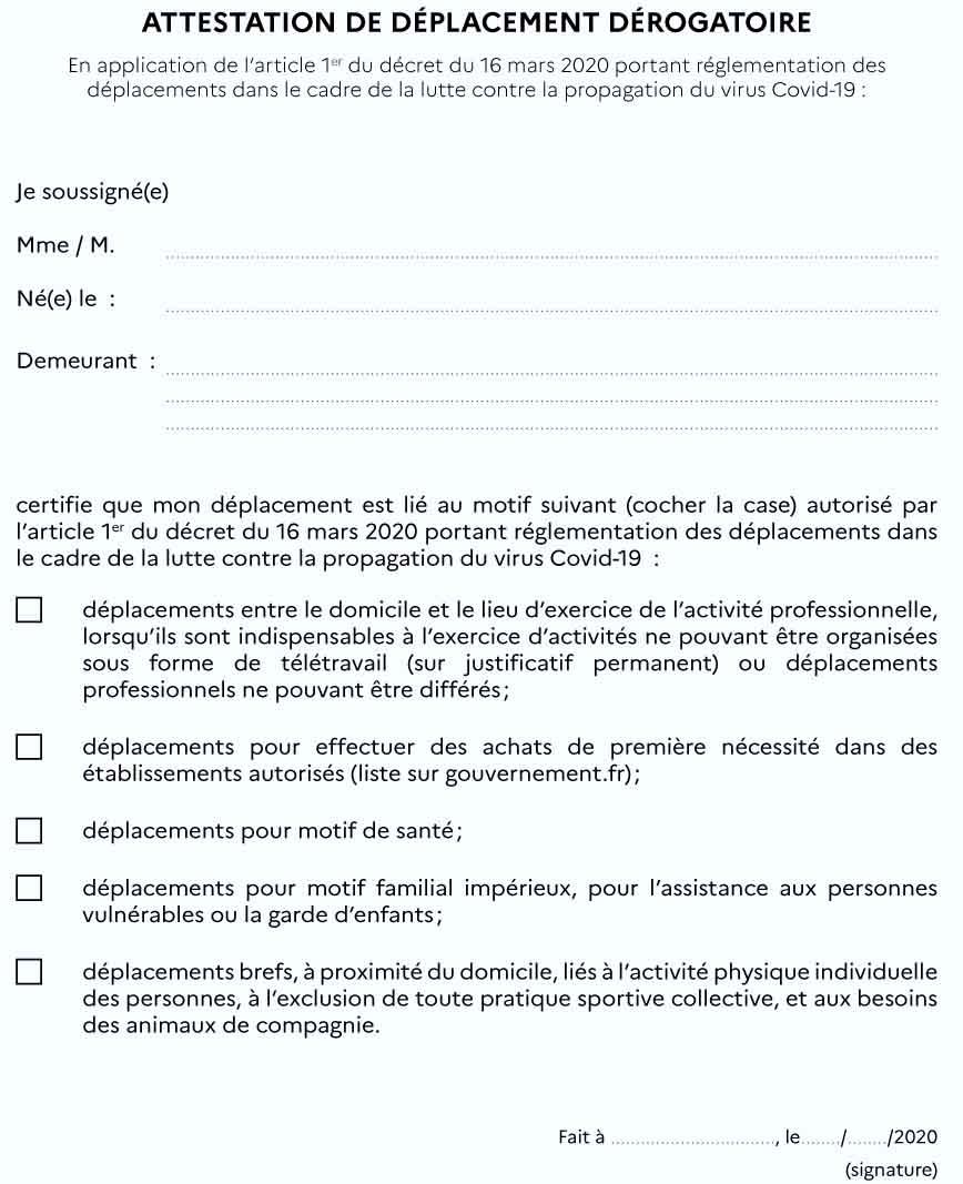 Attestation de deplacement derogatoire