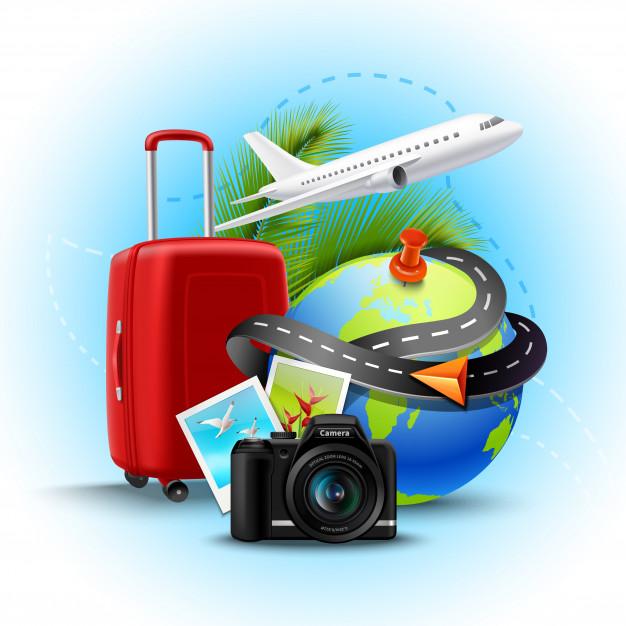 Fond vacances vacances valise globe realiste appareil photo 1284 10476