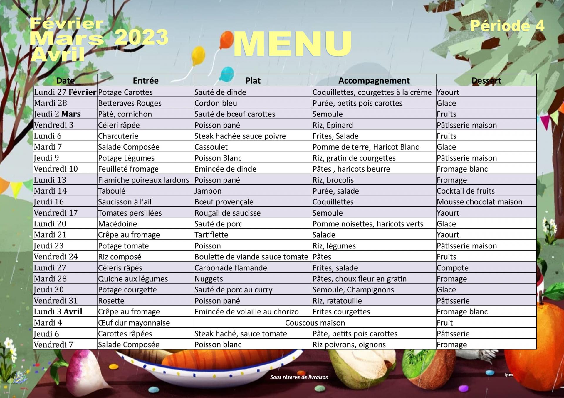 Menu cantine 20