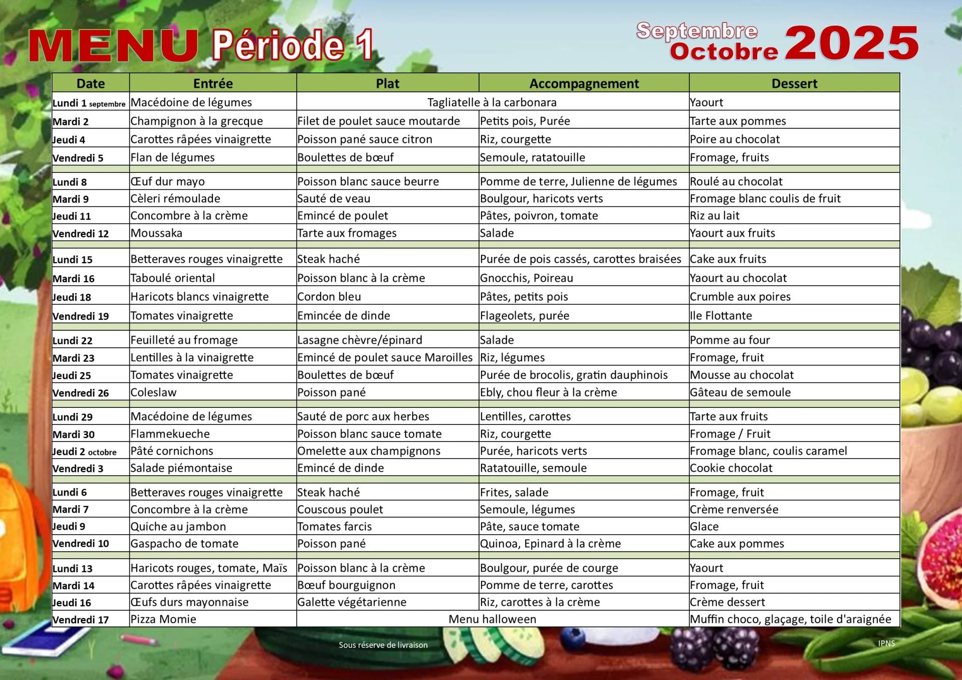 Menu cantine septembre octobre 2025