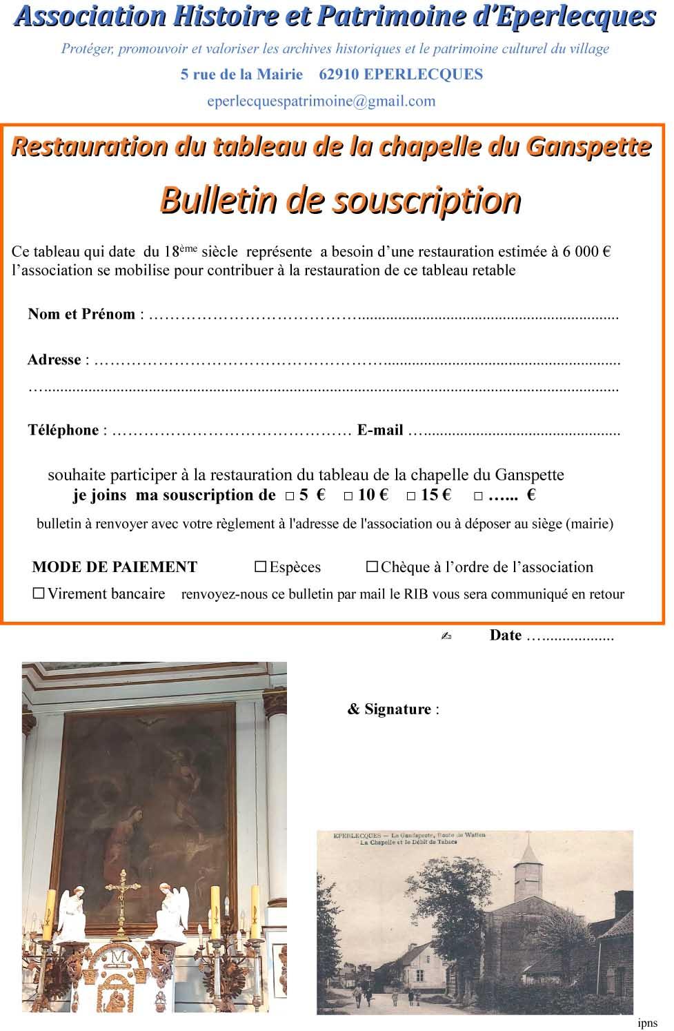 Bulletin de souscription restauration retable chapelle eperlecques