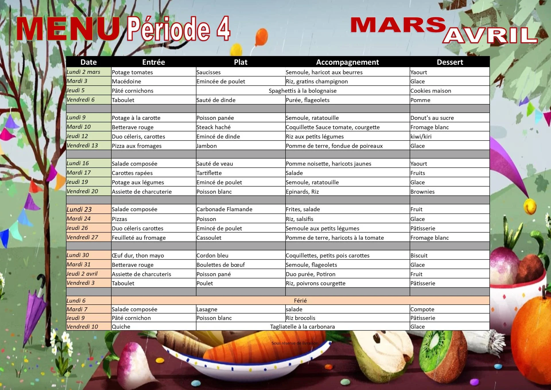 Menu cantine mars avril 2026